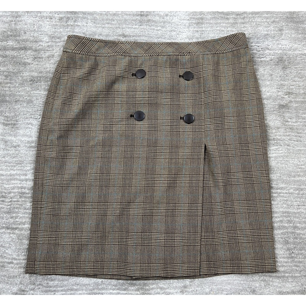 Apostrophe Skirt Womens 14 Brown Plaid Stretch Knee Length Slit Double Breasted‎